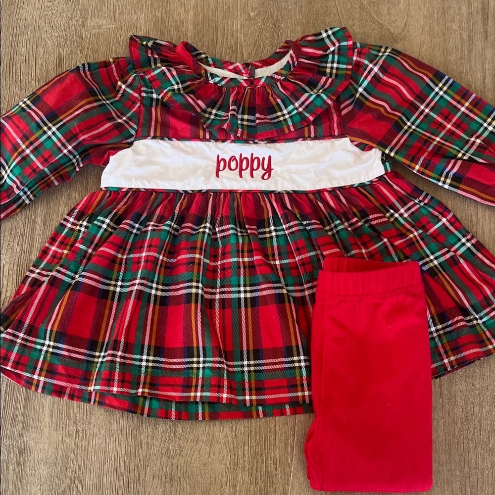 Red Plaid Girls Holiday Dress with Red Leggings